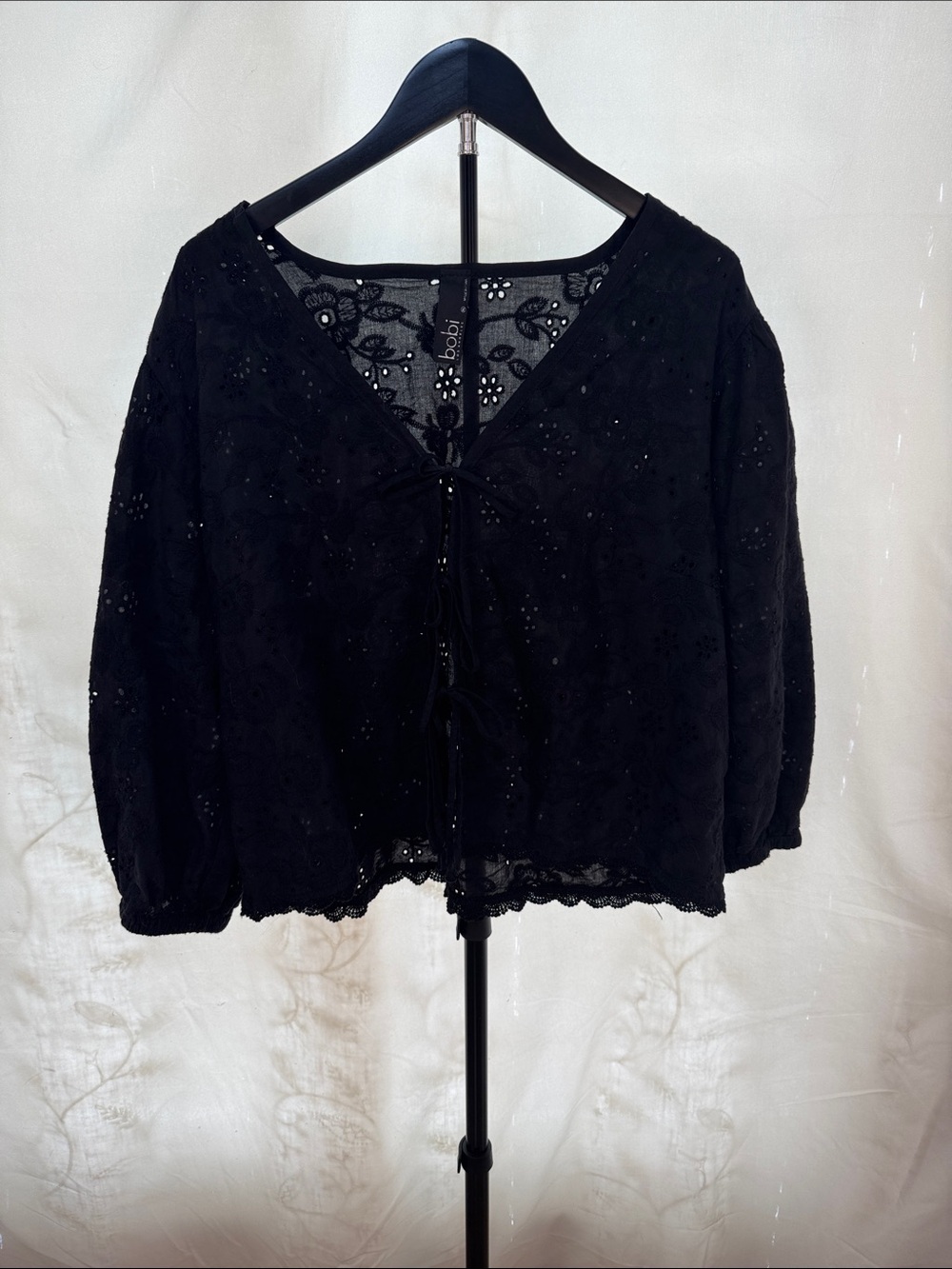 bobi Black Eyelet Lace Tie-Front Blouse